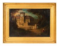 A Continental Oil on Copper Painting with an Inset Clock