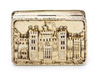 An English Silver-Gilt Pill Box, S. J. Rose & Son, London, 1967, the lid worked to depict Hampton Court.