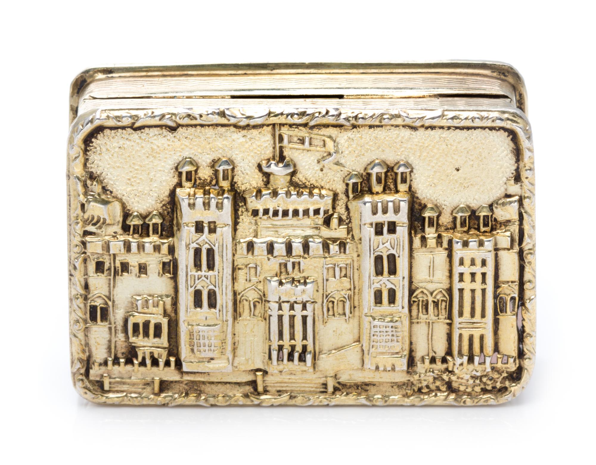 An English Silver-Gilt Pill Box, S. J. Rose & Son, London, 1967, the lid worked to depict Hampton Court.