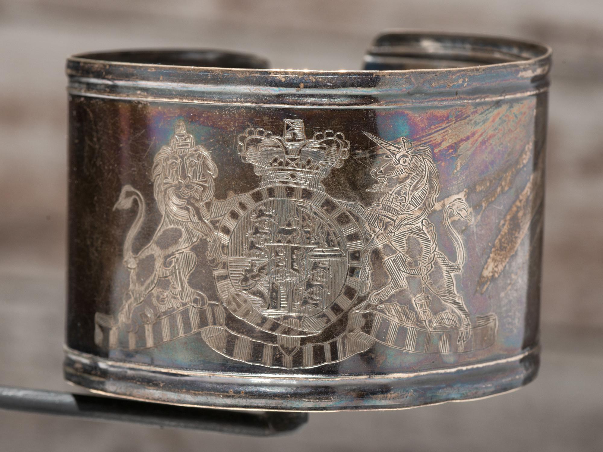 George III Era Sterling Silver Armbands and British Officer's Gilt Copper Gorget, Presented to Ojibwa Chief John Aisance