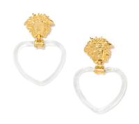 A Pair of Gianni Versace Medusa and Glass Heart Drop Earclips, Medusa: 2" x 1.75"; Drop: 4.5".