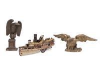 Two Carved and Painted Wood Eagle Finials, and a Cast Iron Paddleboat Boat Toy