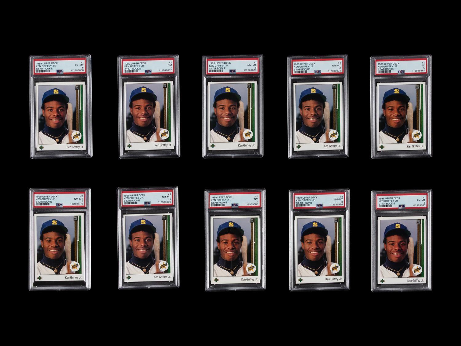 A Group of 10 PSA Graded 1989 Upper Deck Ken Griffey Jr. Rookie Baseball Cards No. 1 (PSA 8 x5; PSA 7 x2; PSA 6 x2; PSA 5)