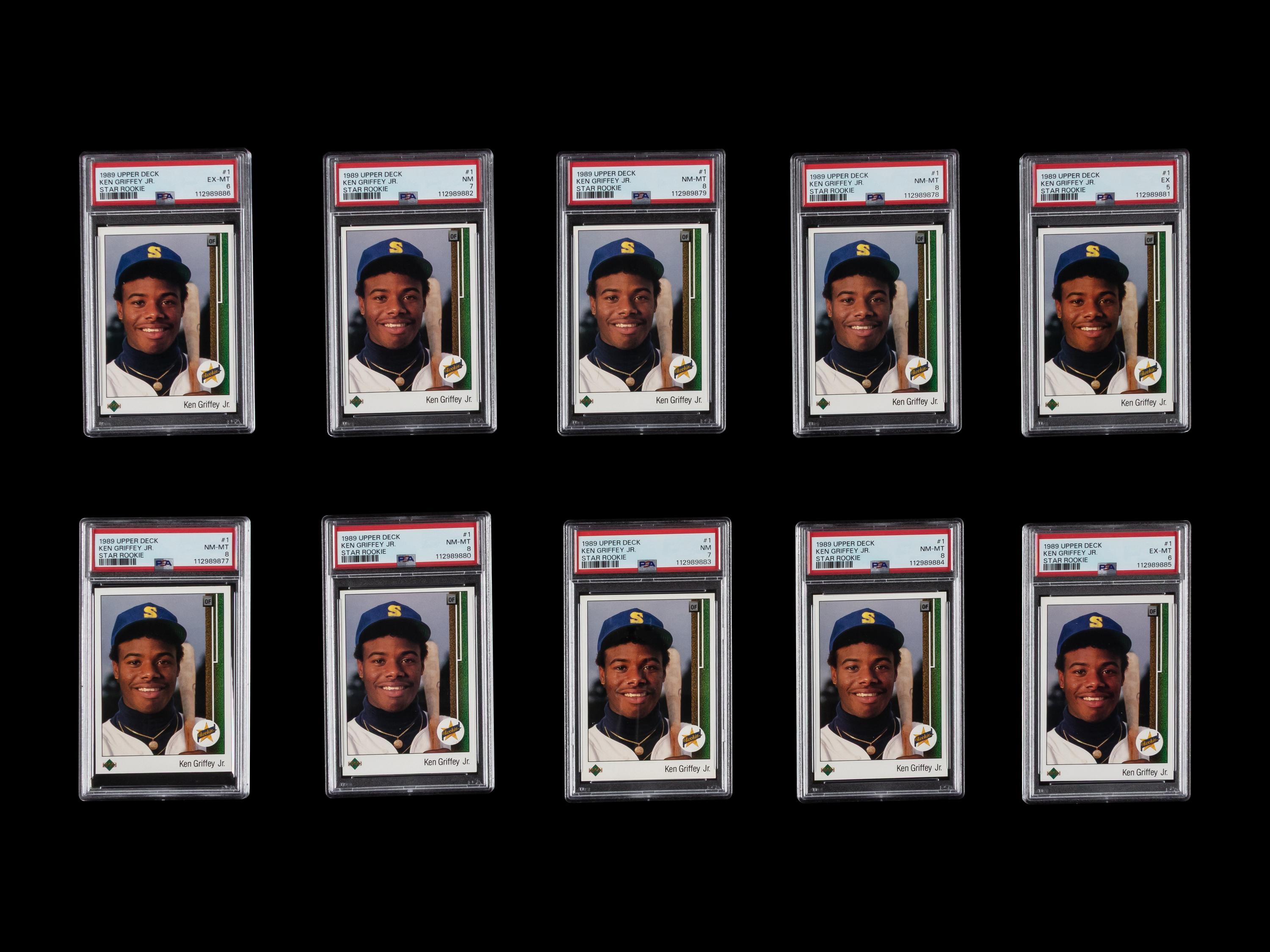 A Group of 10 PSA Graded 1989 Upper Deck Ken Griffey Jr. Rookie Baseball Cards No. 1 (PSA 8 x5; PSA 7 x2; PSA 6 x2; PSA 5)