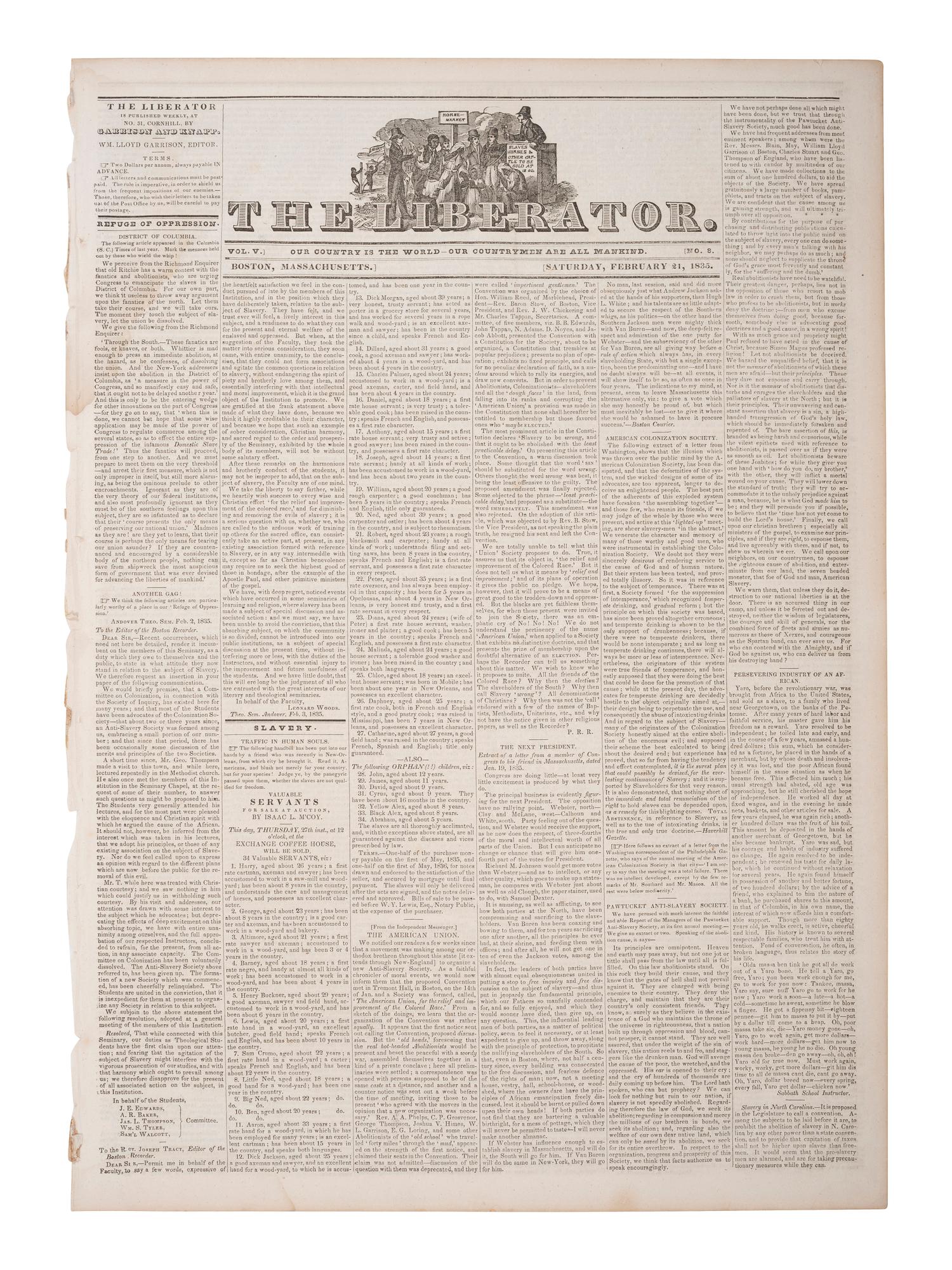 [SLAVERY & ABOLITION]. The Liberator. Vol. V, No. 8. Boston, MA: 21 February 1835.
