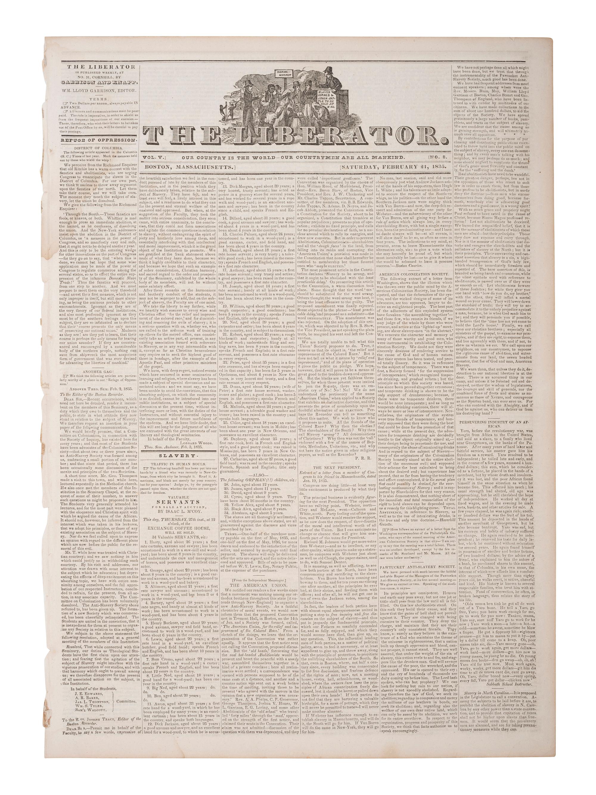[SLAVERY & ABOLITION]. The Liberator. Vol. V, No. 8. Boston, MA: 21 February 1835.