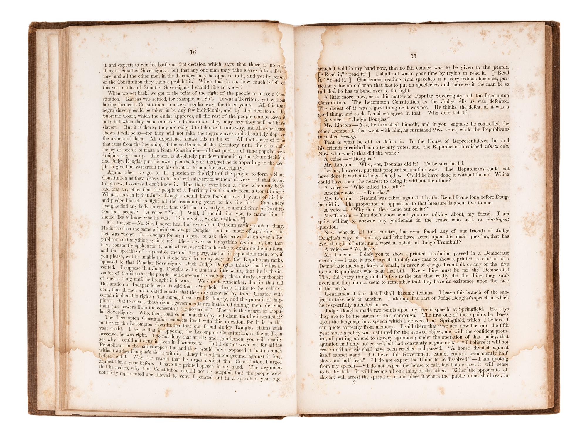 LINCOLN, Abraham (1809-1865). Political Debates between Hon. Abraham Lincoln and Hon. Stephen A. Douglas . Columbus: Follett, Foster and Company, 1860.