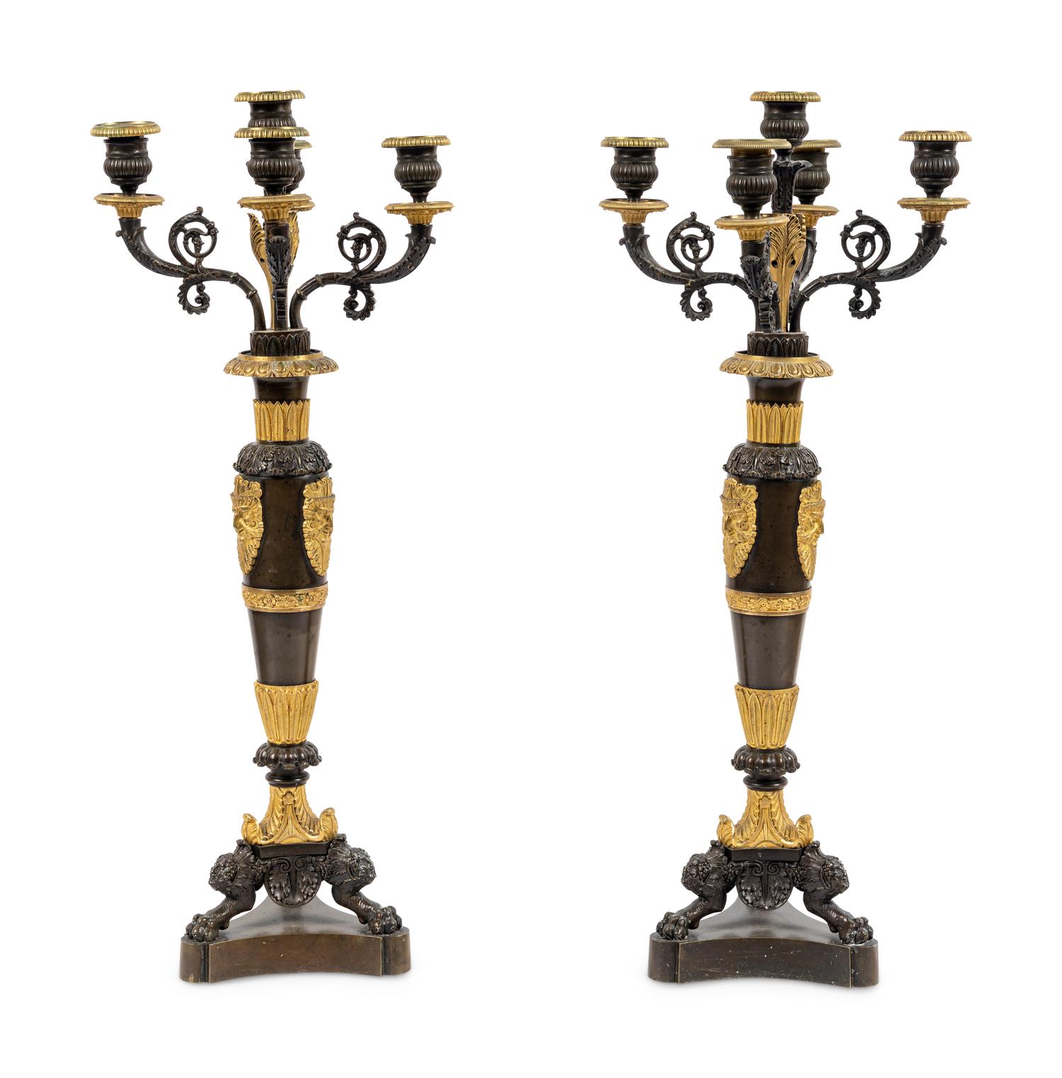 A Pair of Louis Philippe Gilt and Patinated Bronze Five-Light Candelabra