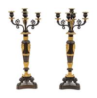 A Pair of Louis Philippe Gilt and Patinated Bronze Five-Light Candelabra