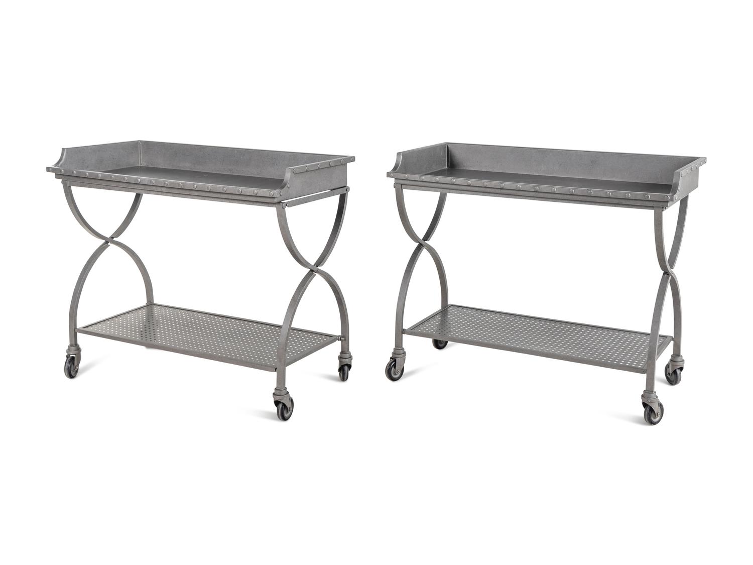 A Pair of Patinated Metal Two-Tier Serving Carts