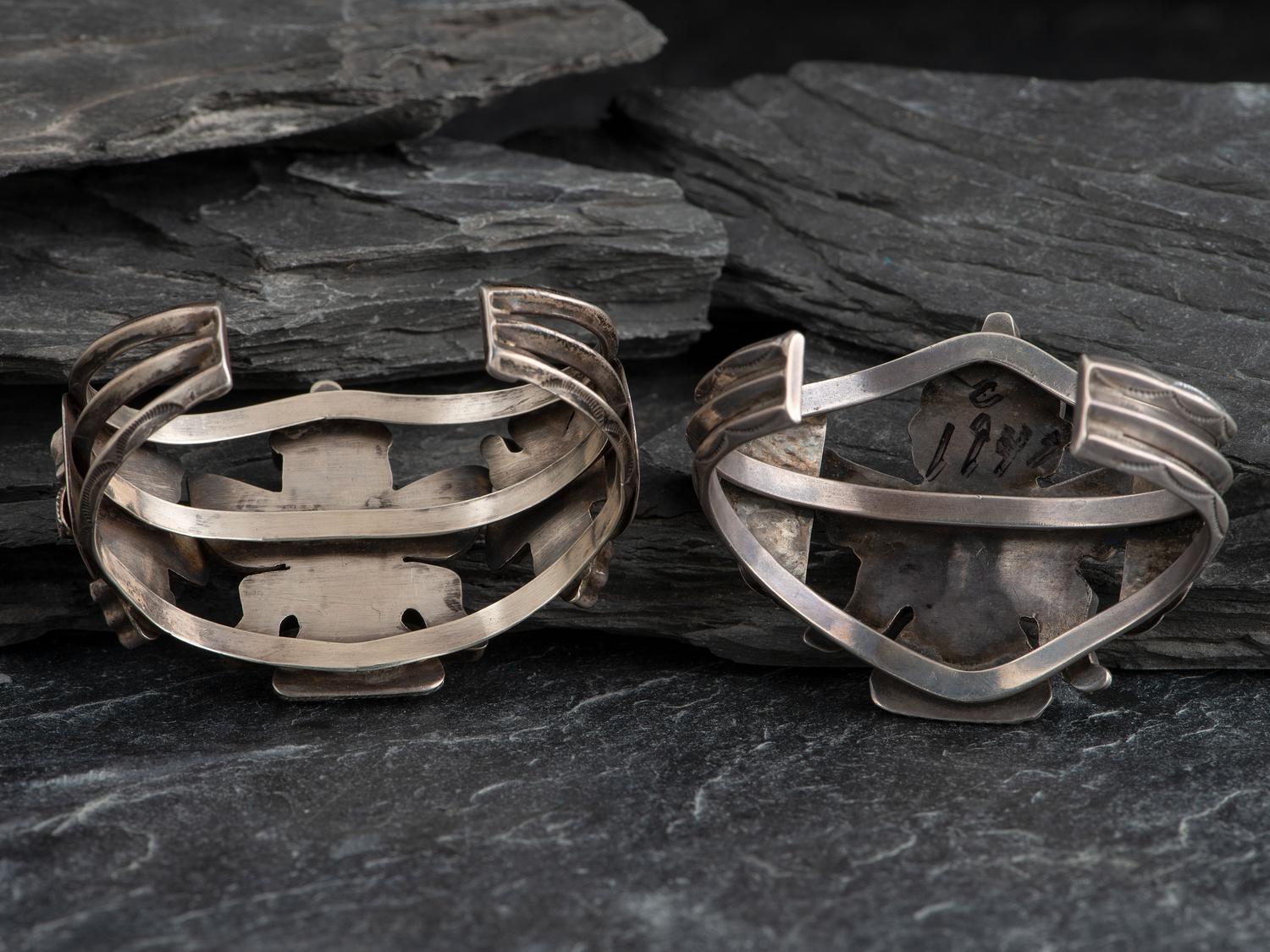 Pair of Zuni Silver and Mosaic Inlay Knifewing Cuff Bracelets