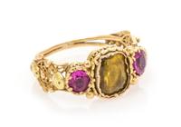 An Antique Yellow Gold, Yellow Gemstone and Ruby Ring, 2.40 dwts.