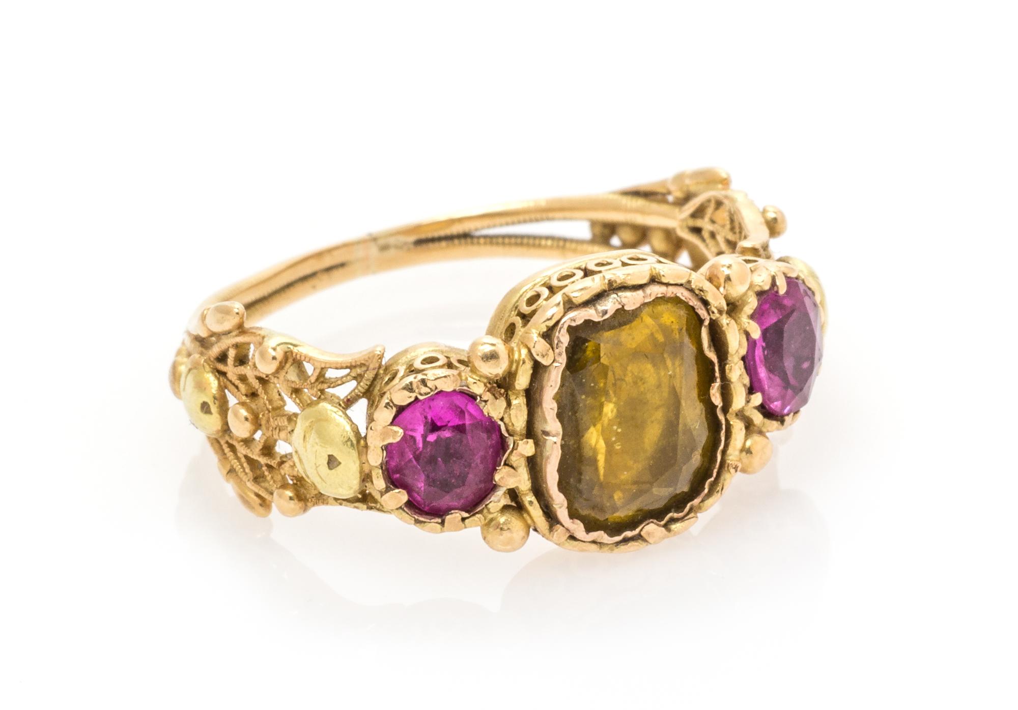 An Antique Yellow Gold, Yellow Gemstone and Ruby Ring, 2.40 dwts.