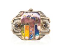 A Sterling Silver, Yellow Gold, Polychrome Cloisonne Enamel and Garnet Cuff Bracelet, Colette Denton, Circa 1979, 61.50 dwts.