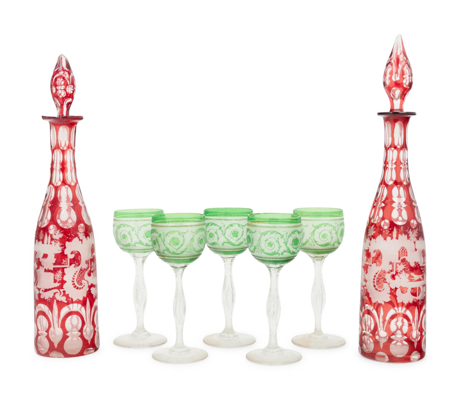 A Pair of Bohemian Glass Decanters with Five Associated Goblets