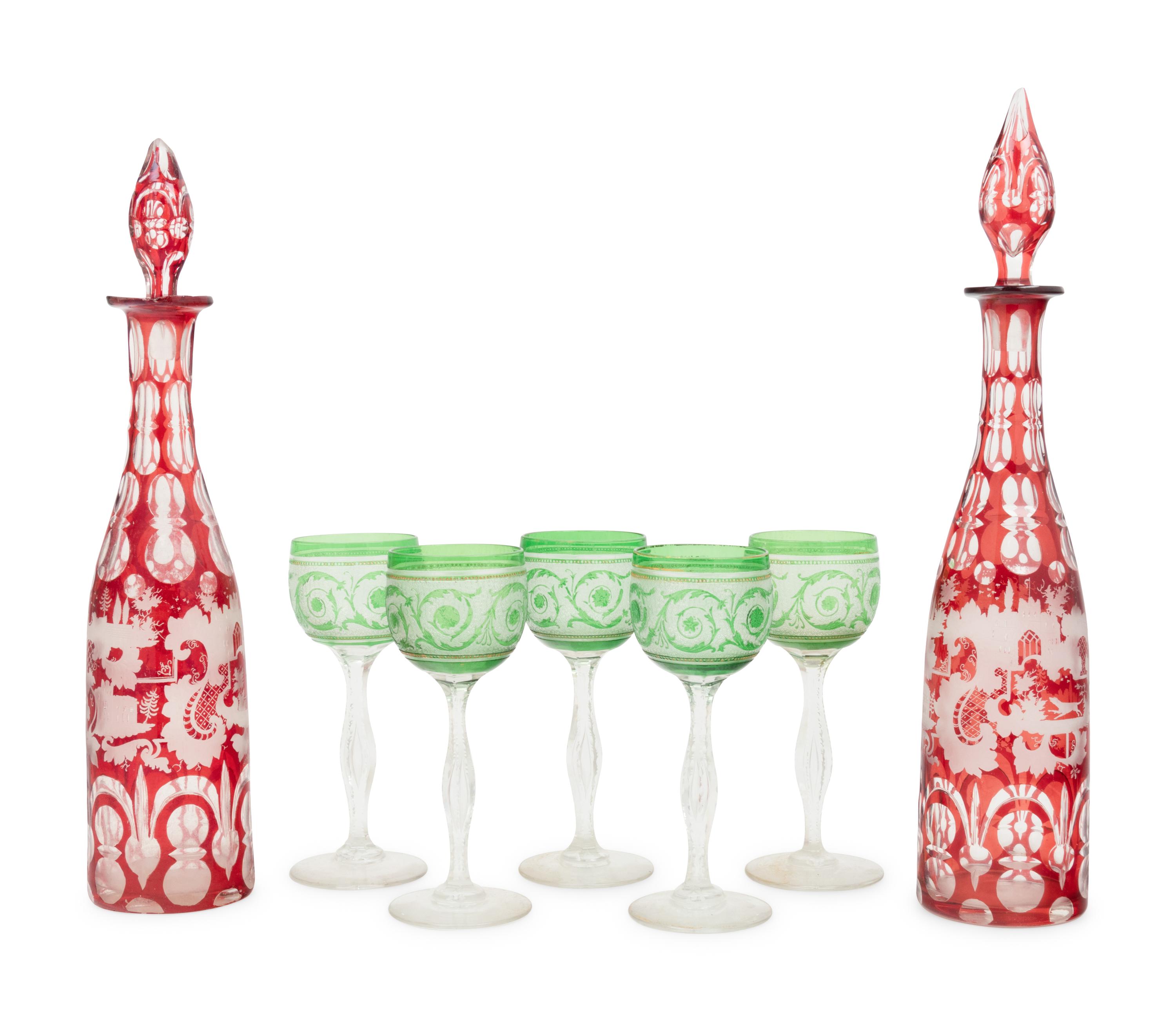 A Pair of Bohemian Glass Decanters with Five Associated Goblets