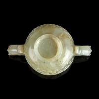 A Small Chinese Carved Celadon Jade Libation Cup, 17th/18th Century or Later 明末清初或更晚 青玉乳釘紋簋式螭耳杯