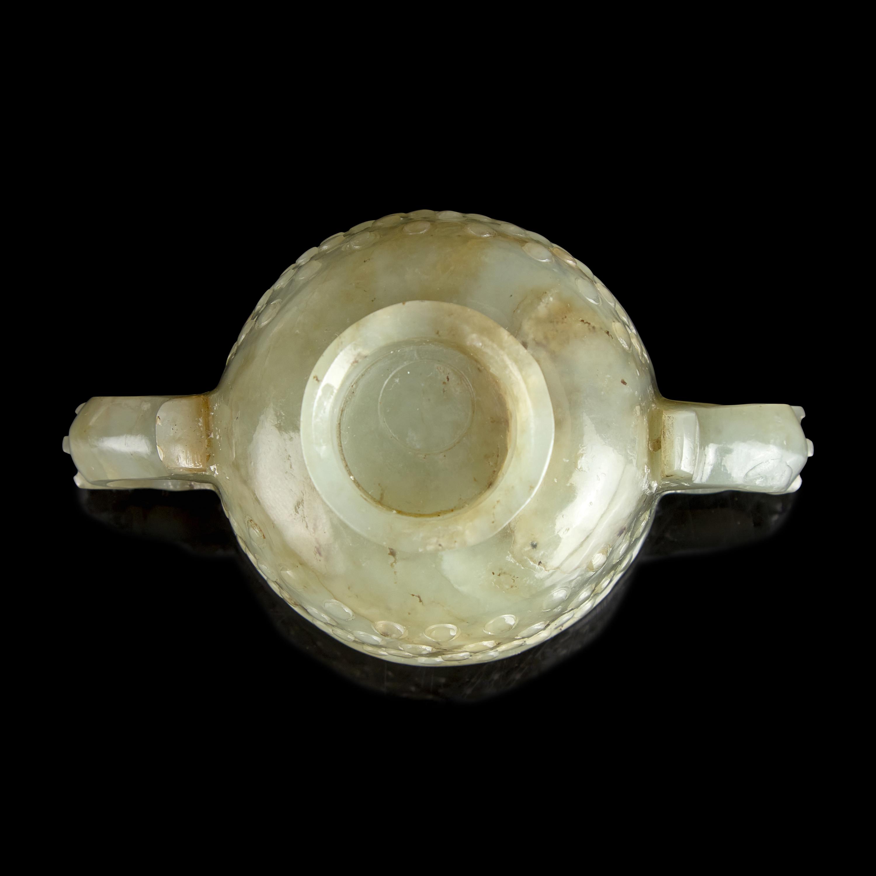 A Small Chinese Carved Celadon Jade Libation Cup, 17th/18th Century or Later 明末清初或更晚 青玉乳釘紋簋式螭耳杯
