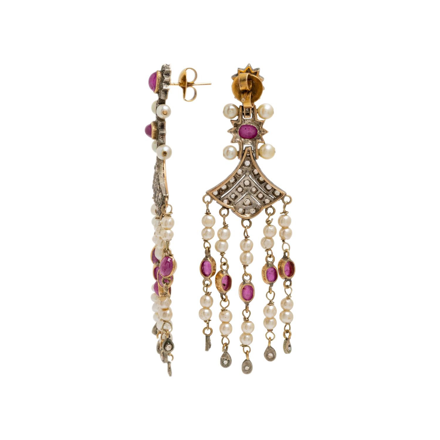 RUBY, DIAMOND AND CULTURED PEARL CHANDELIER EARRINGS