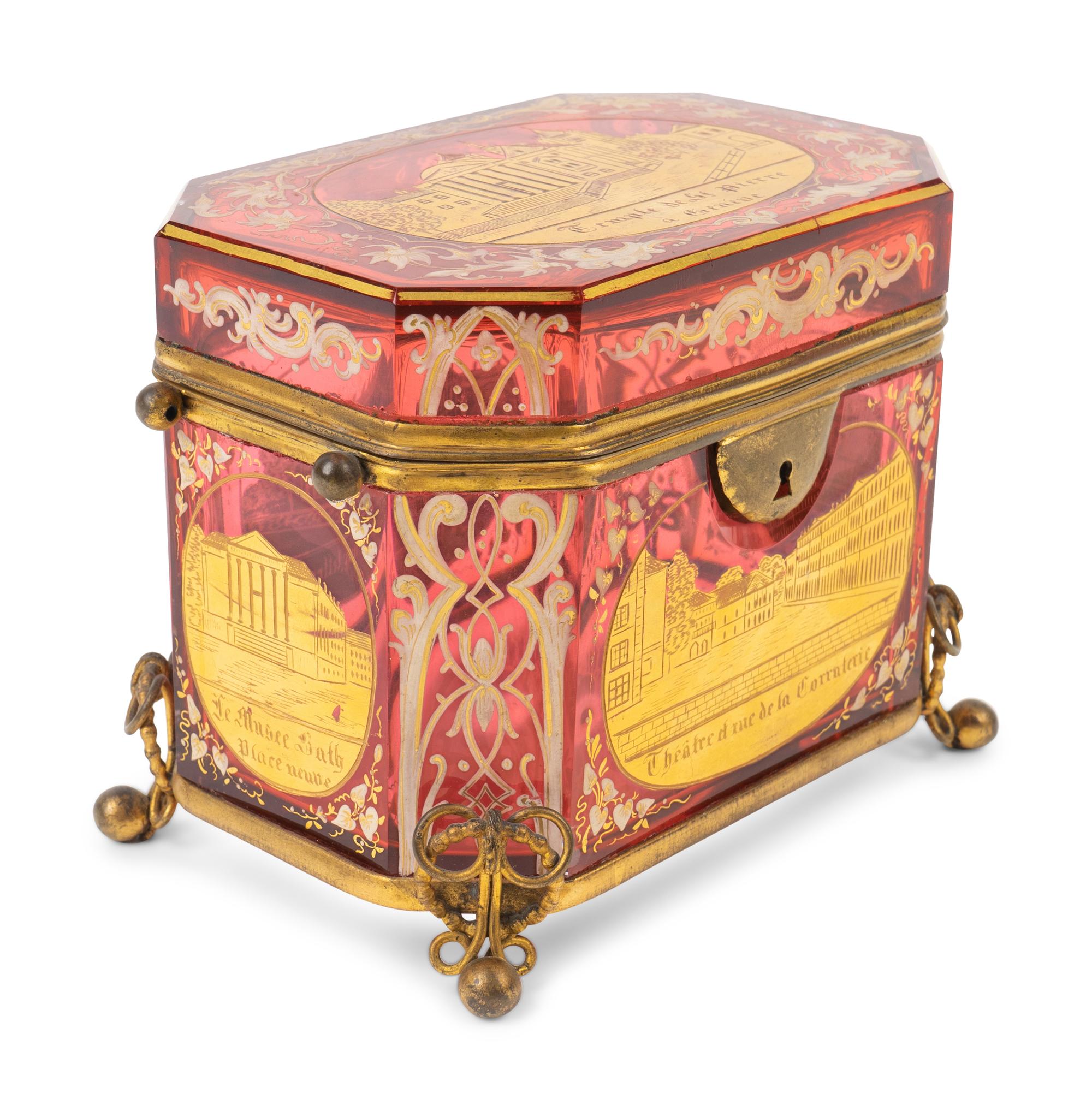 A Swiss Gilt-Decorated and Enameled Red-Flashed Glass Box — LATE 19TH/EARLY 20TH CENTURY