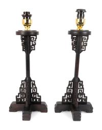 A Pair of Chinese Style Pierced and Ebonized Wood Table Lamps — MID-20TH CENTURY