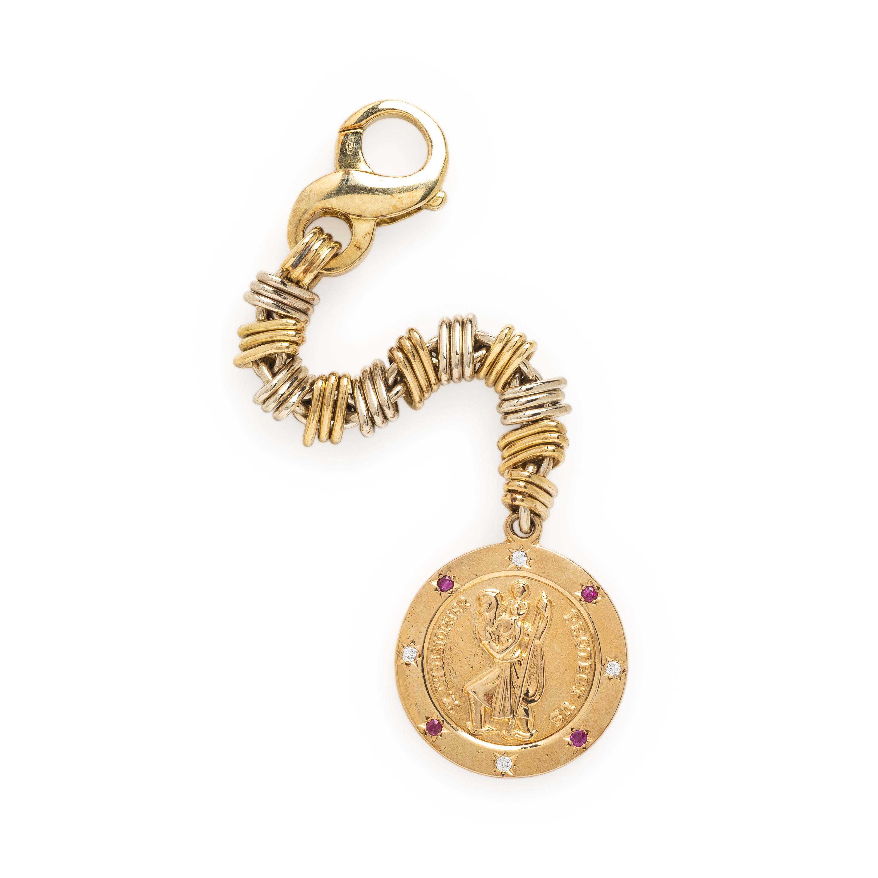 Yellow Gold, Diamond, and Synthetic Ruby St. Christopher Keychain