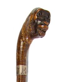 An English Silver Mounted Animalier Cane, Charles Cooke, Height overall 35 1/2 x height of head 2 1/4 inches.
