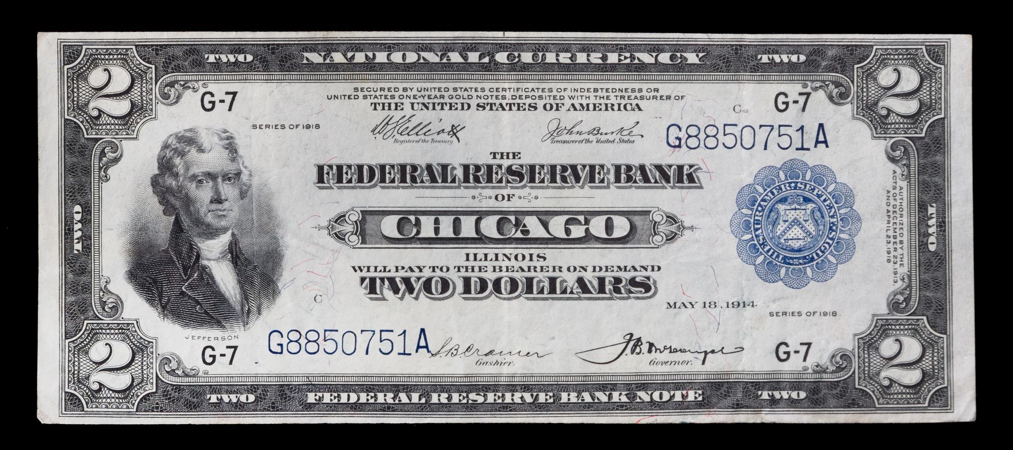 A United States 1914-G $2 Battleship Federal Reserve Bank Note Width 7 3/8 inches.