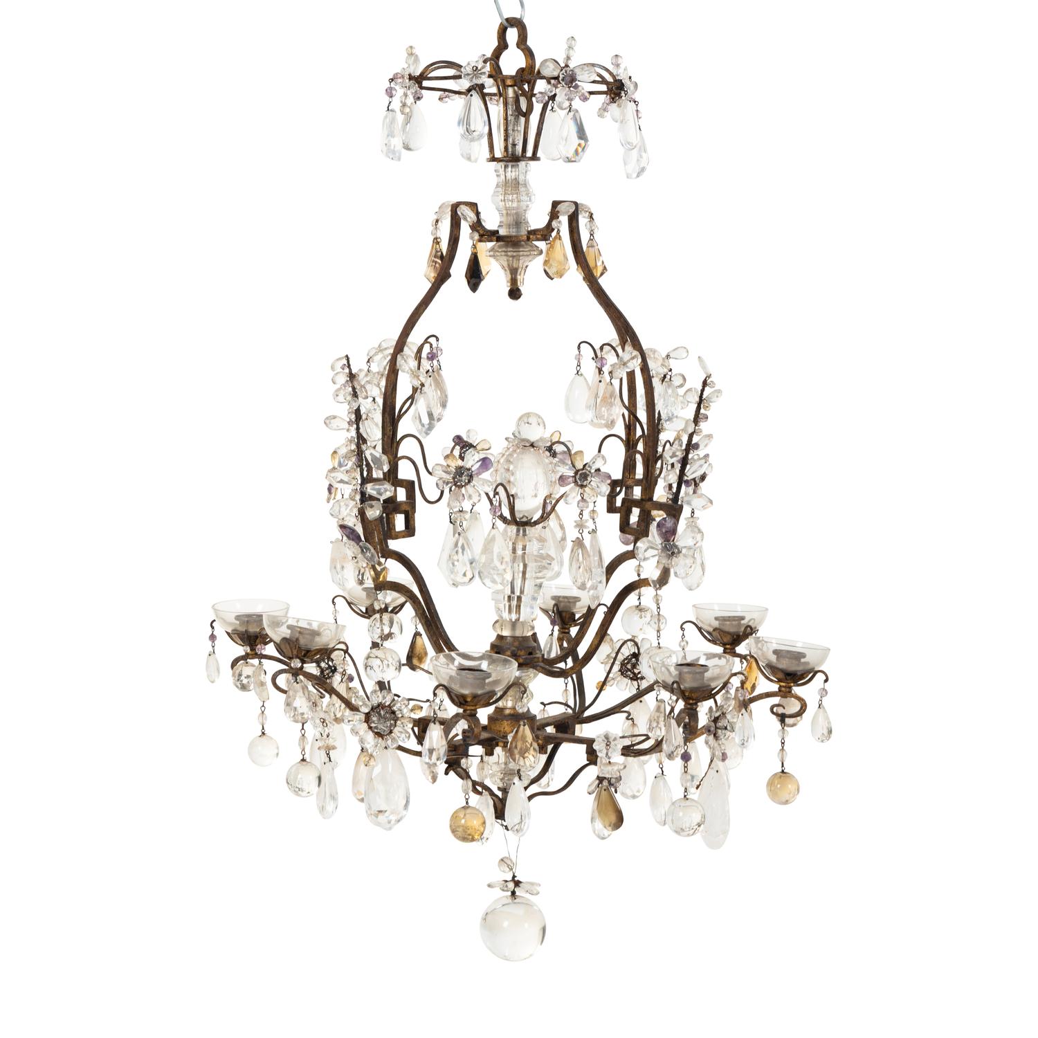 An Italian Gilt Iron, Cut-Glass, and Rock Crystal Six-Light Chandelier