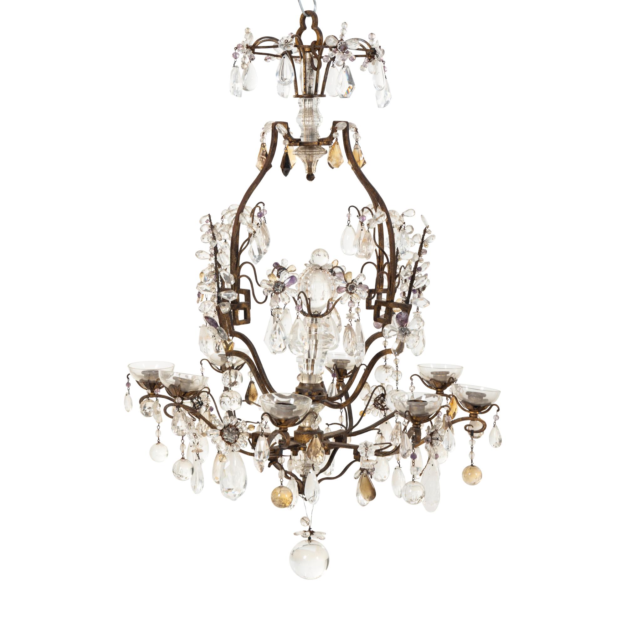 An Italian Gilt Iron, Cut-Glass, and Rock Crystal Six-Light Chandelier