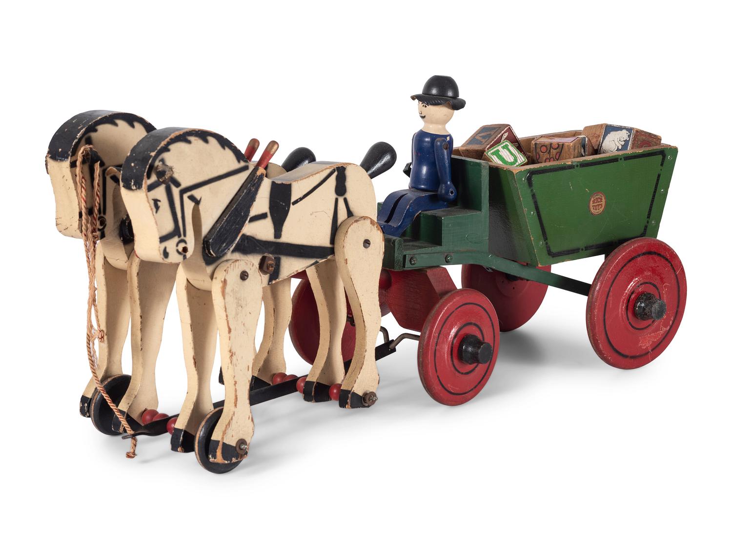 Two Carved Wood Horse-Drawn Carriages with Children's Blocks