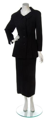 A Chanel Black Wool Twill Skirt Suit, Jacket size 42, skirt size 42.
