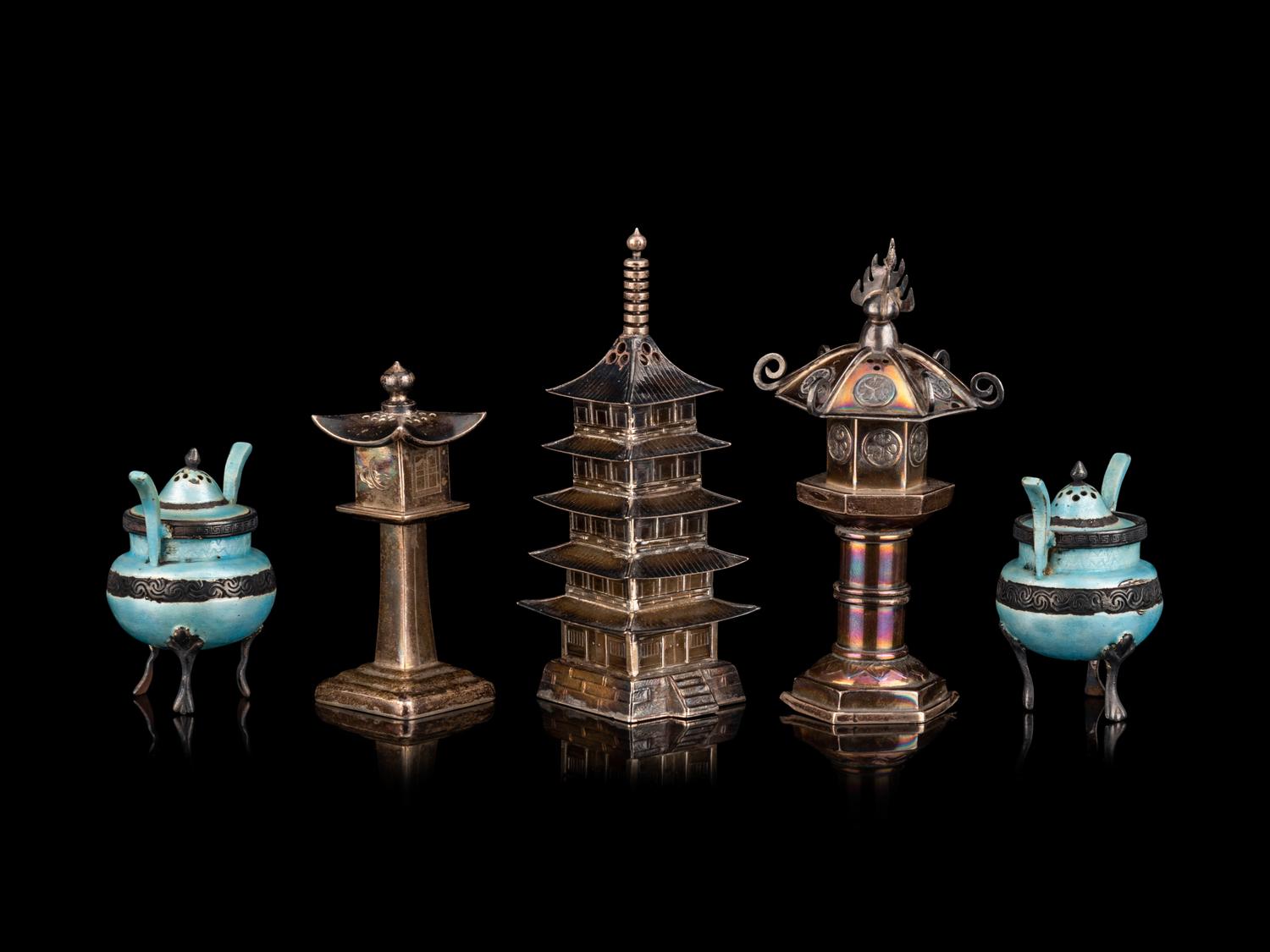 Five Chinese and Japanese Silver and Mixed Metal Salt Shakers