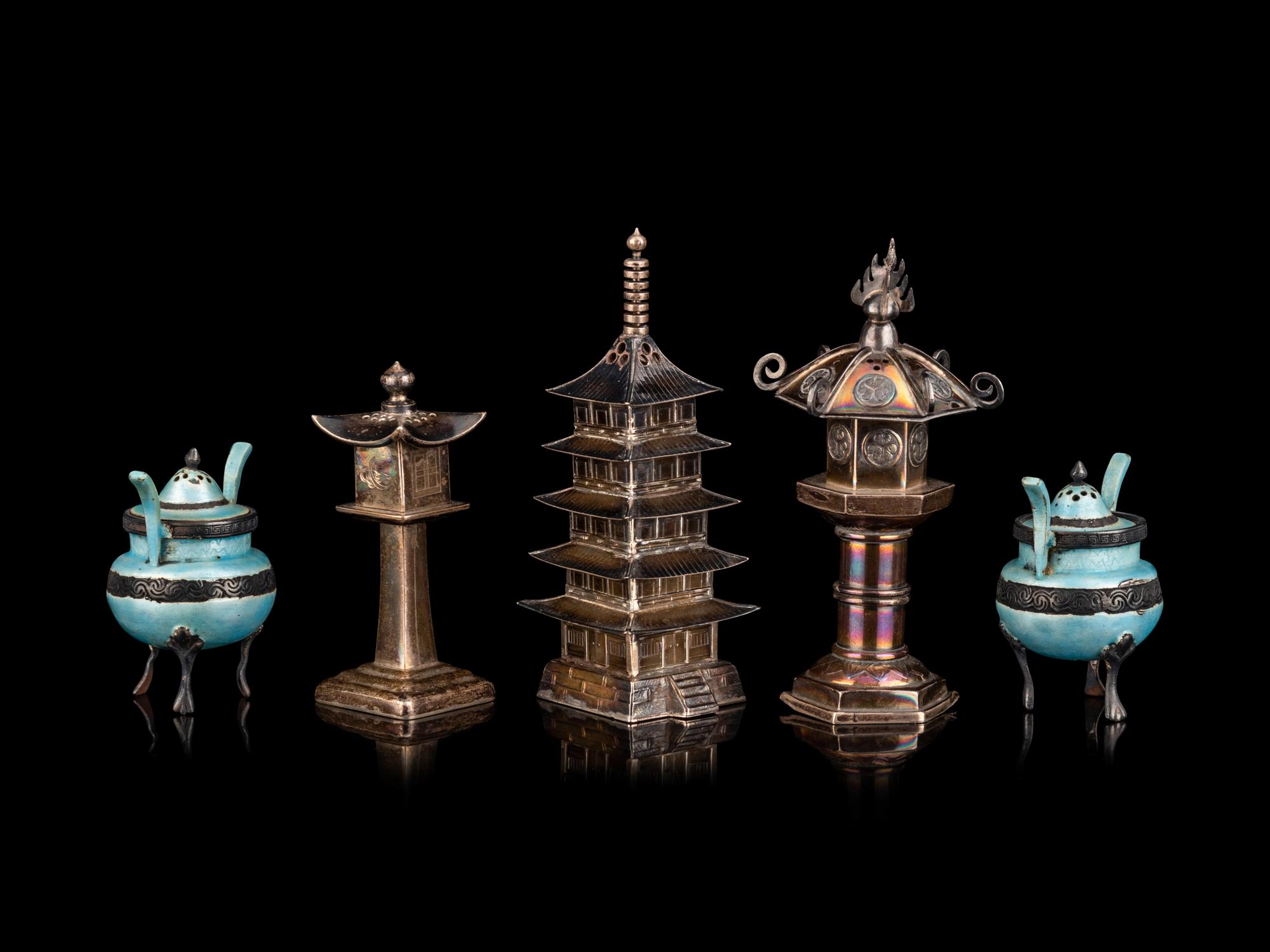 Five Chinese and Japanese Silver and Mixed Metal Salt Shakers