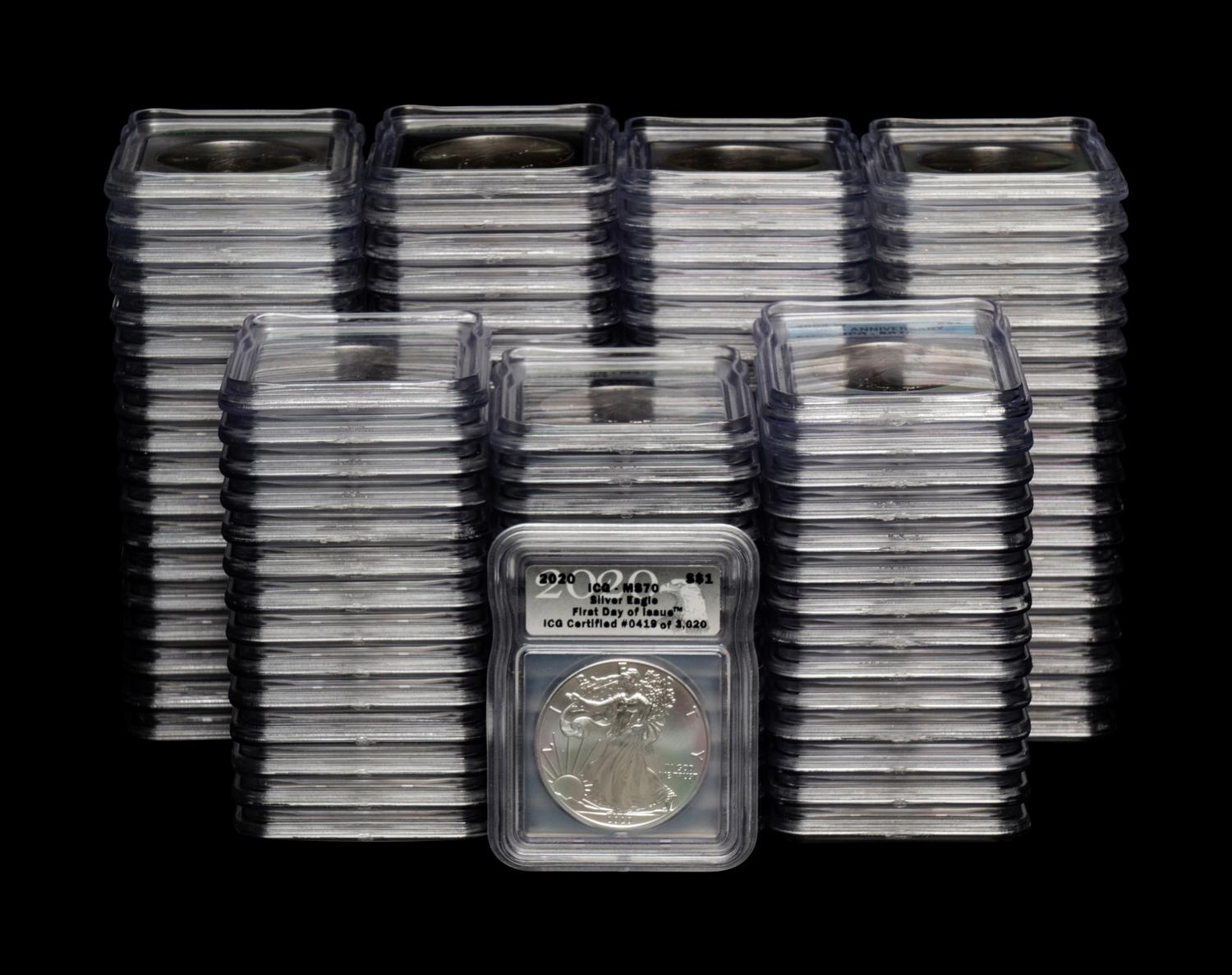A Large Collection of One Hundred and Fourteen ICG Graded MS70 and SP70 Silver Eagle $1 Coins