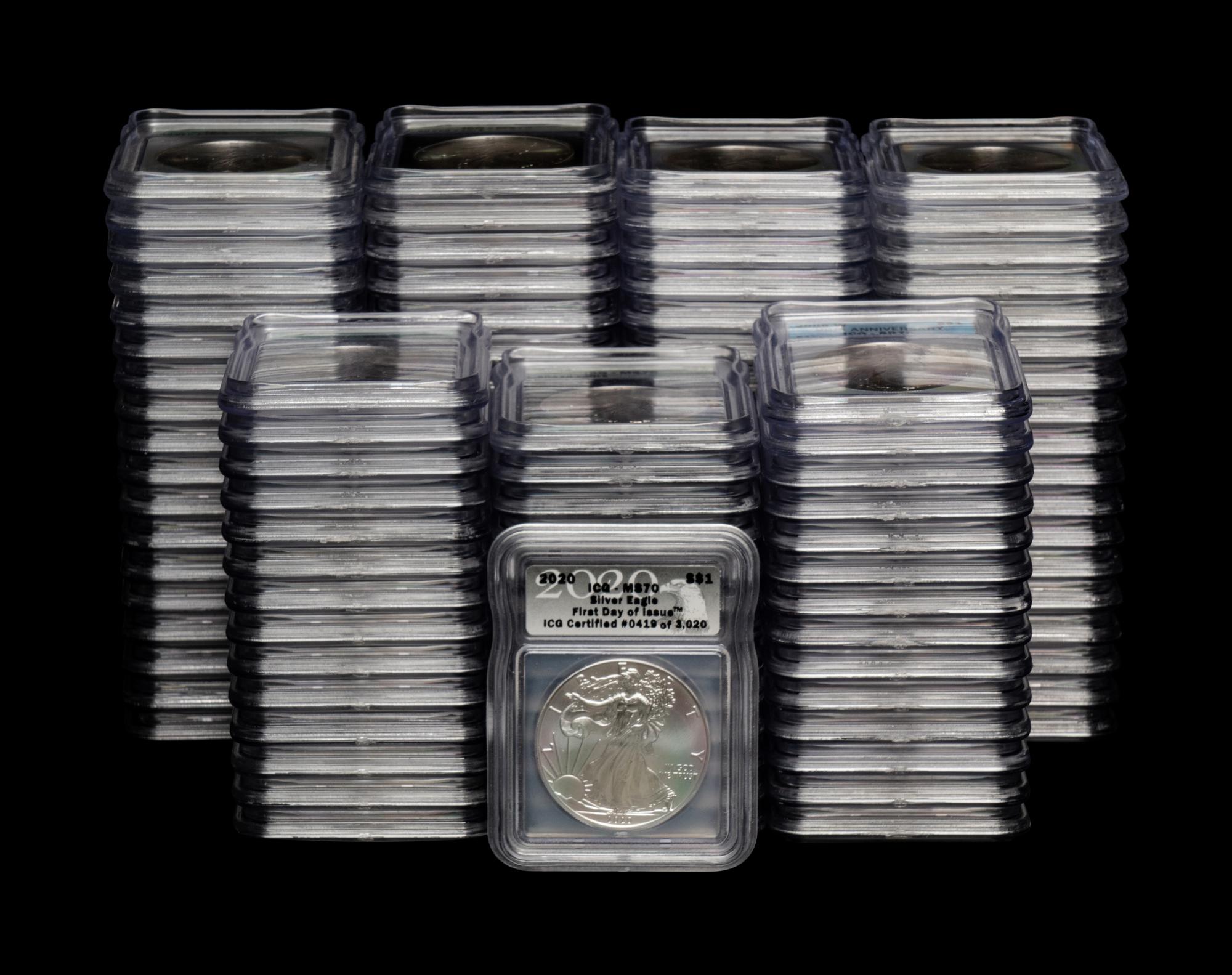 A Large Collection of One Hundred and Fourteen ICG Graded MS70 and SP70 Silver Eagle $1 Coins