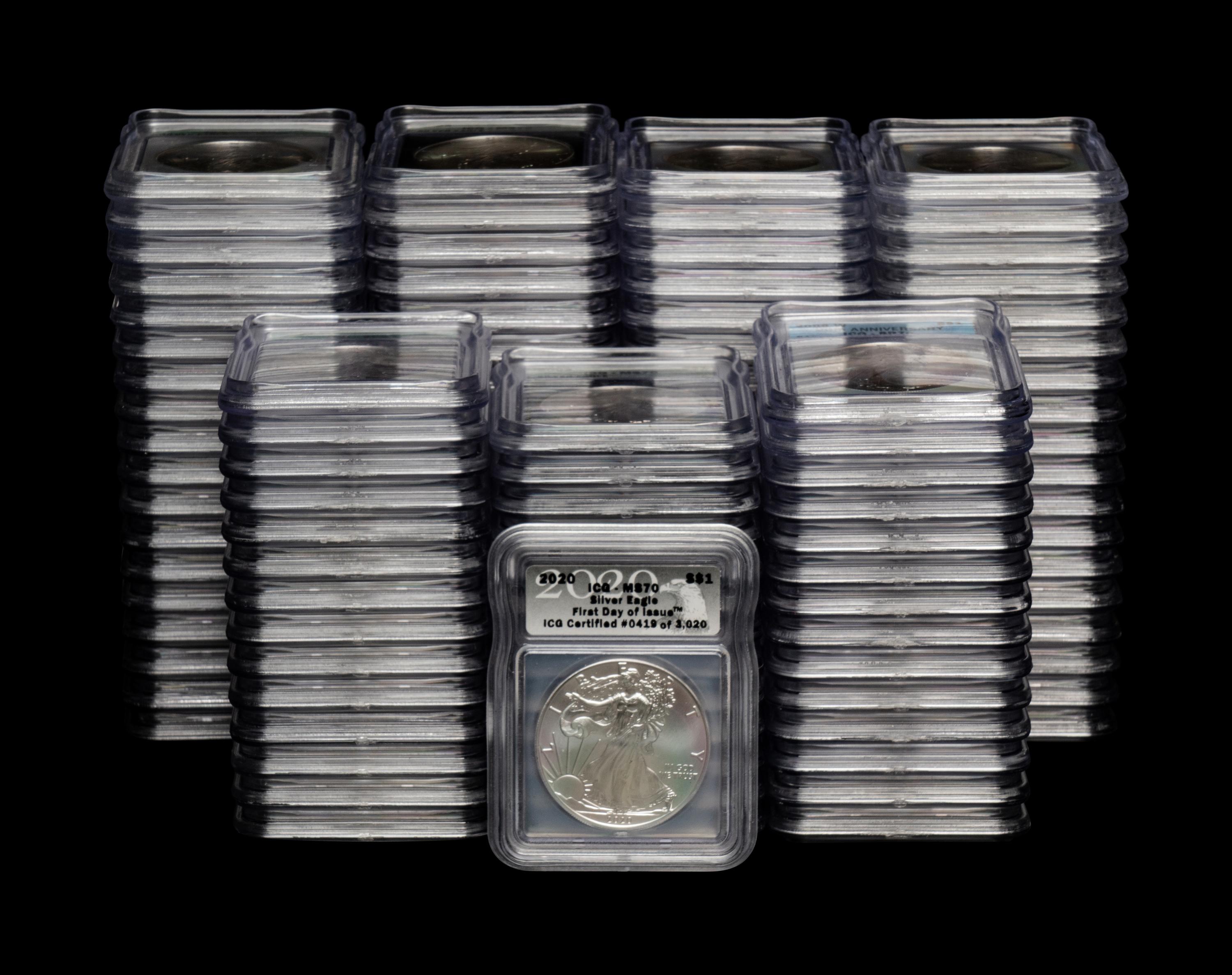 A Large Collection of One Hundred and Fourteen ICG Graded MS70 and SP70 Silver Eagle $1 Coins