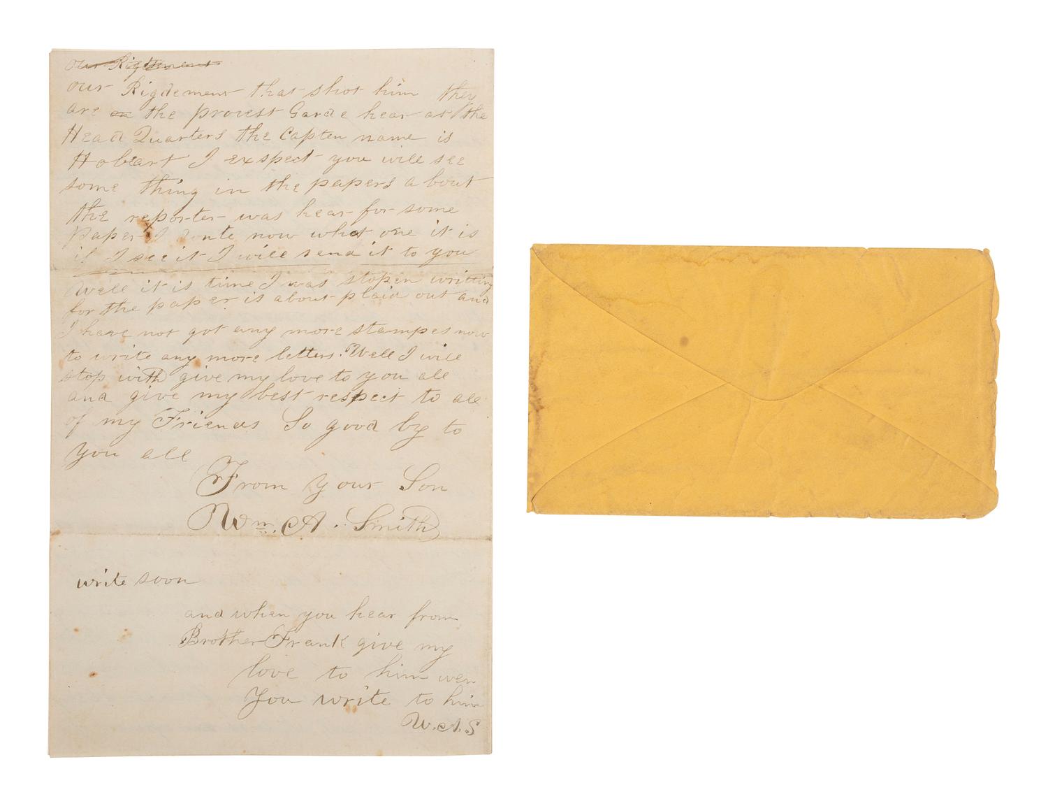 [CIVIL WAR]. Soldier's letter detailing the execution of an identified deserter by firing squad. "Head Quarters 1st Division 2nd Corp," 2 October 1863.