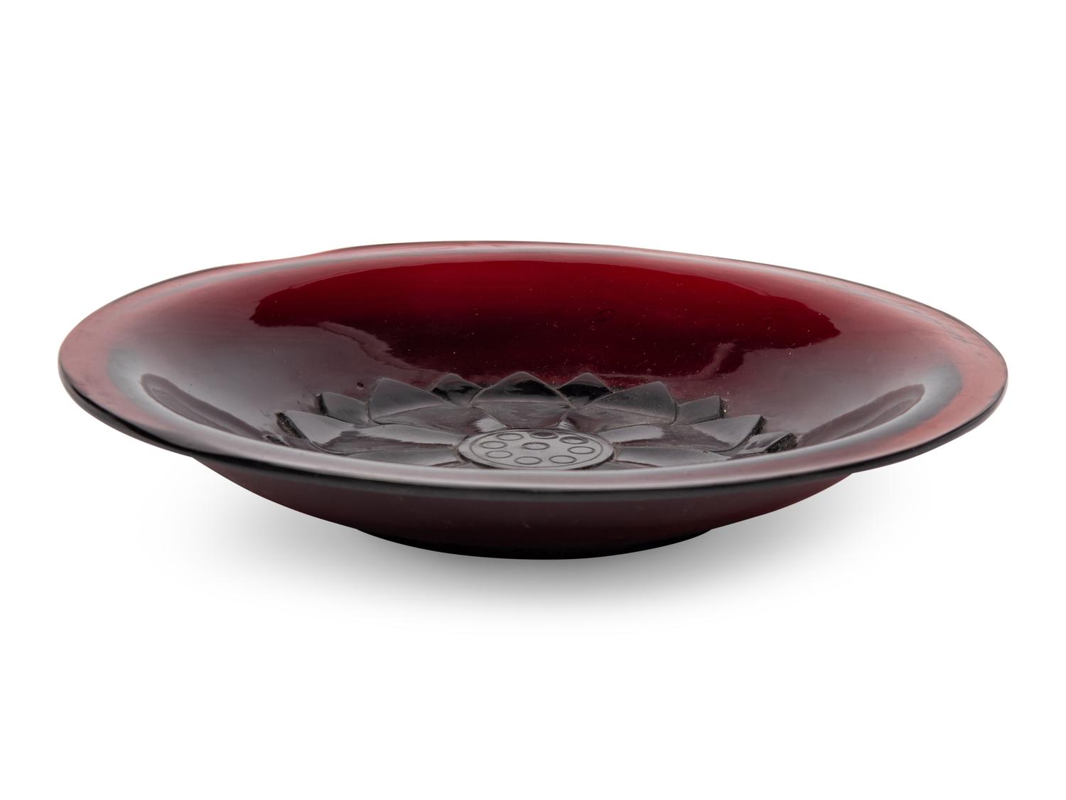 A Chinese Carved Ruby Red 'Lotus' Peking Glass Plate, Late 19th-Early 20th Century 晚清-民國 寶石紅料蓮紋賞盤