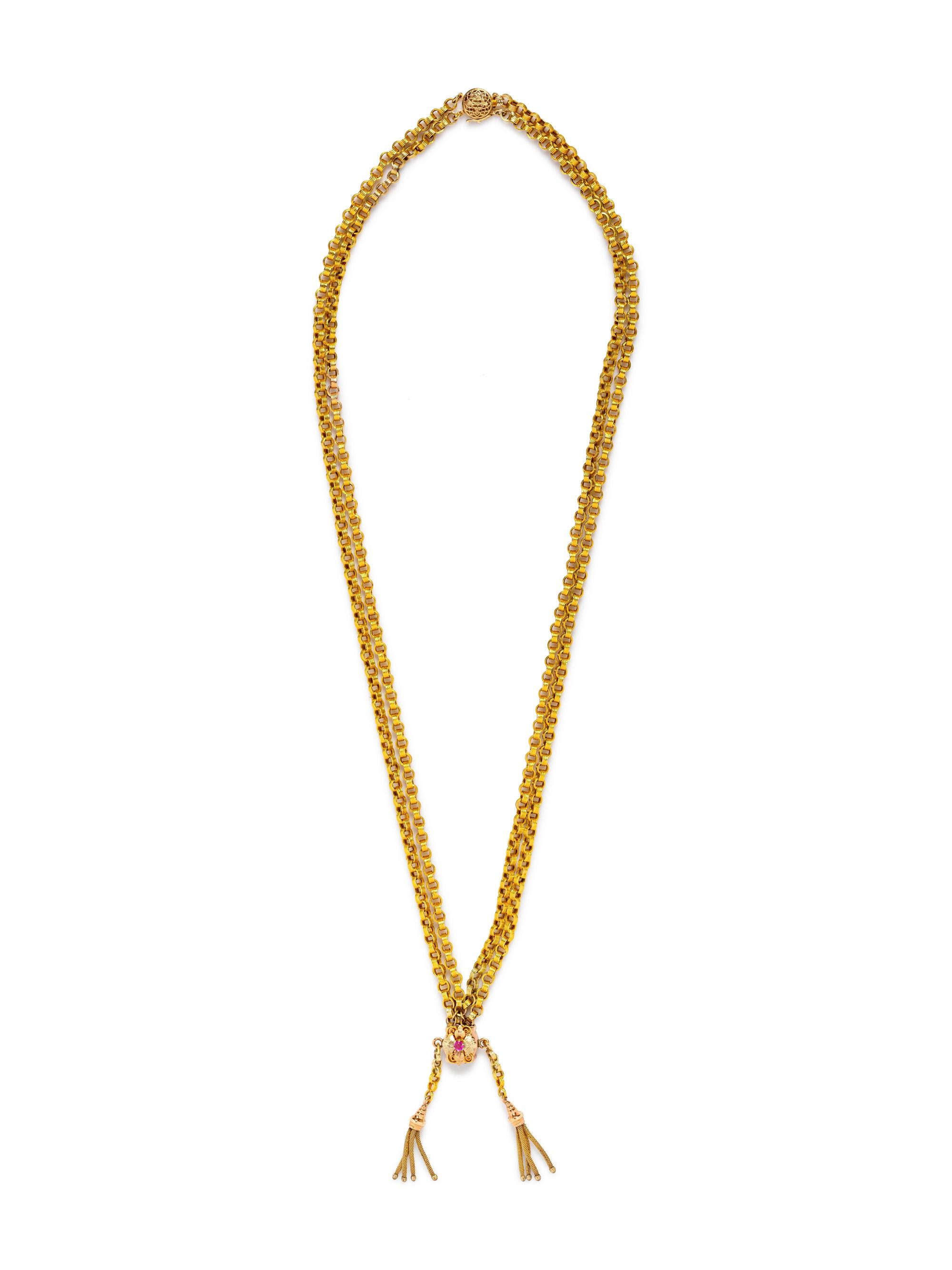 A Victorian Bicolor Gold and Pink Sapphire Longchain Necklace,