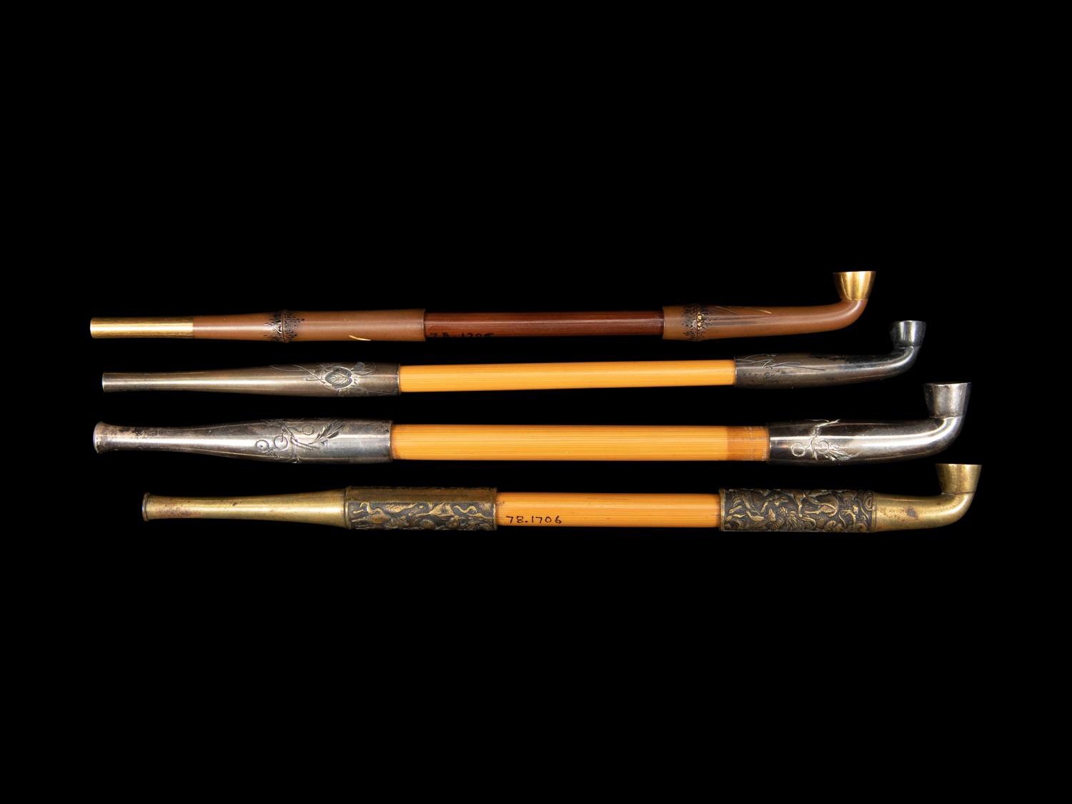 Five Chinese and Japanese Metal Mounted Bamboo Smoking Pipes