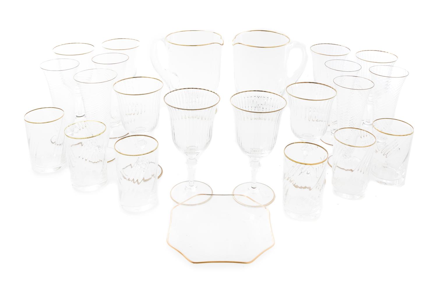 A Venetian Gilt Decorated Glass Stemware Service Height of pitcher 7 inches. — 20TH CENTURY