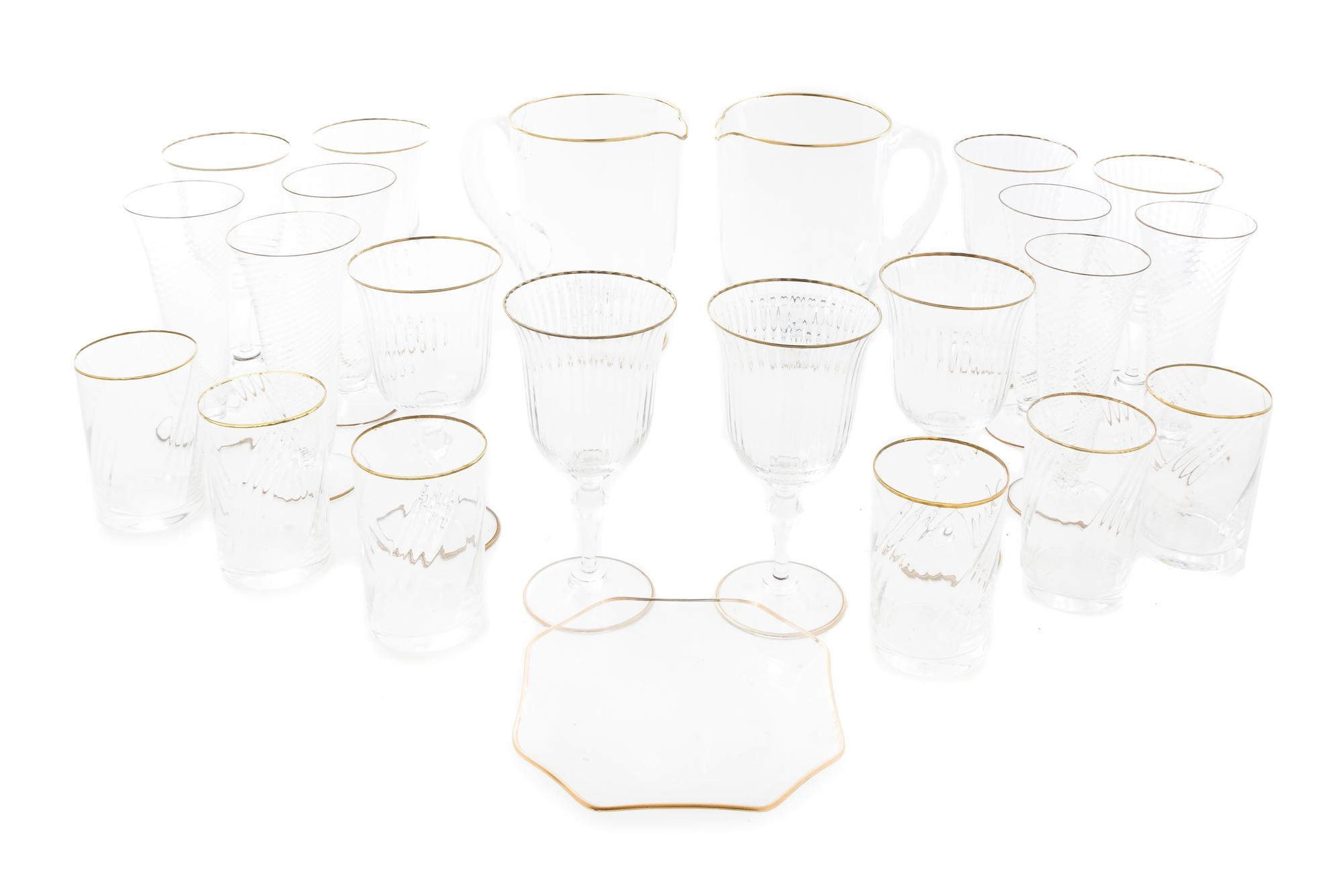 A Venetian Gilt Decorated Glass Stemware Service Height of pitcher 7 inches. — 20TH CENTURY