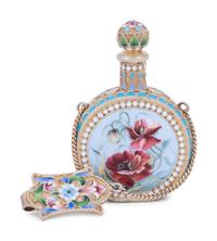 A Russian Enameled Silver-Gilt Scent Flask and Clip