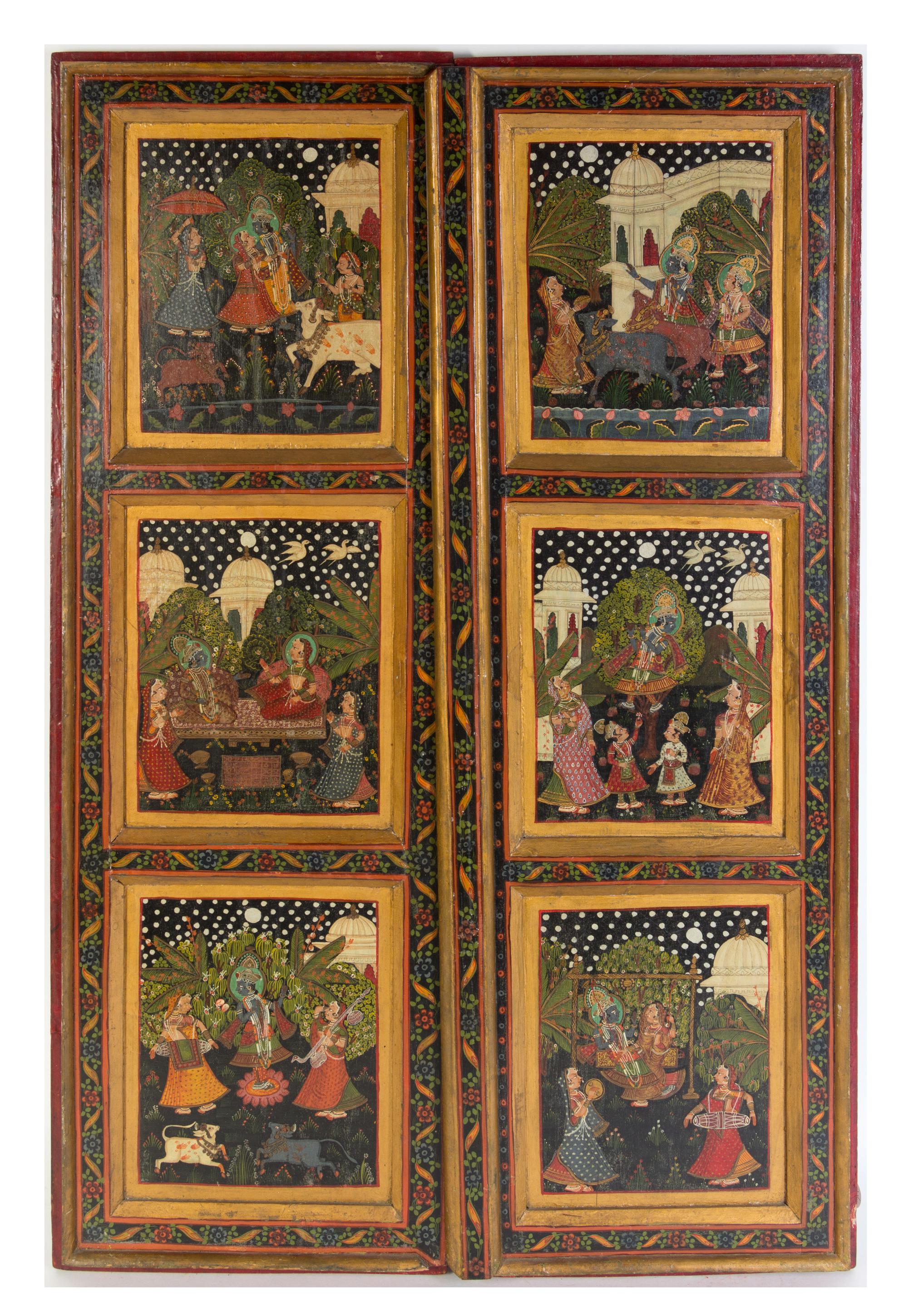 A Pair of Indian Painted Doors Height 41 1/2 x width 13 1/2 inches. — LATE 19TH/EARLY 20TH CENTURY