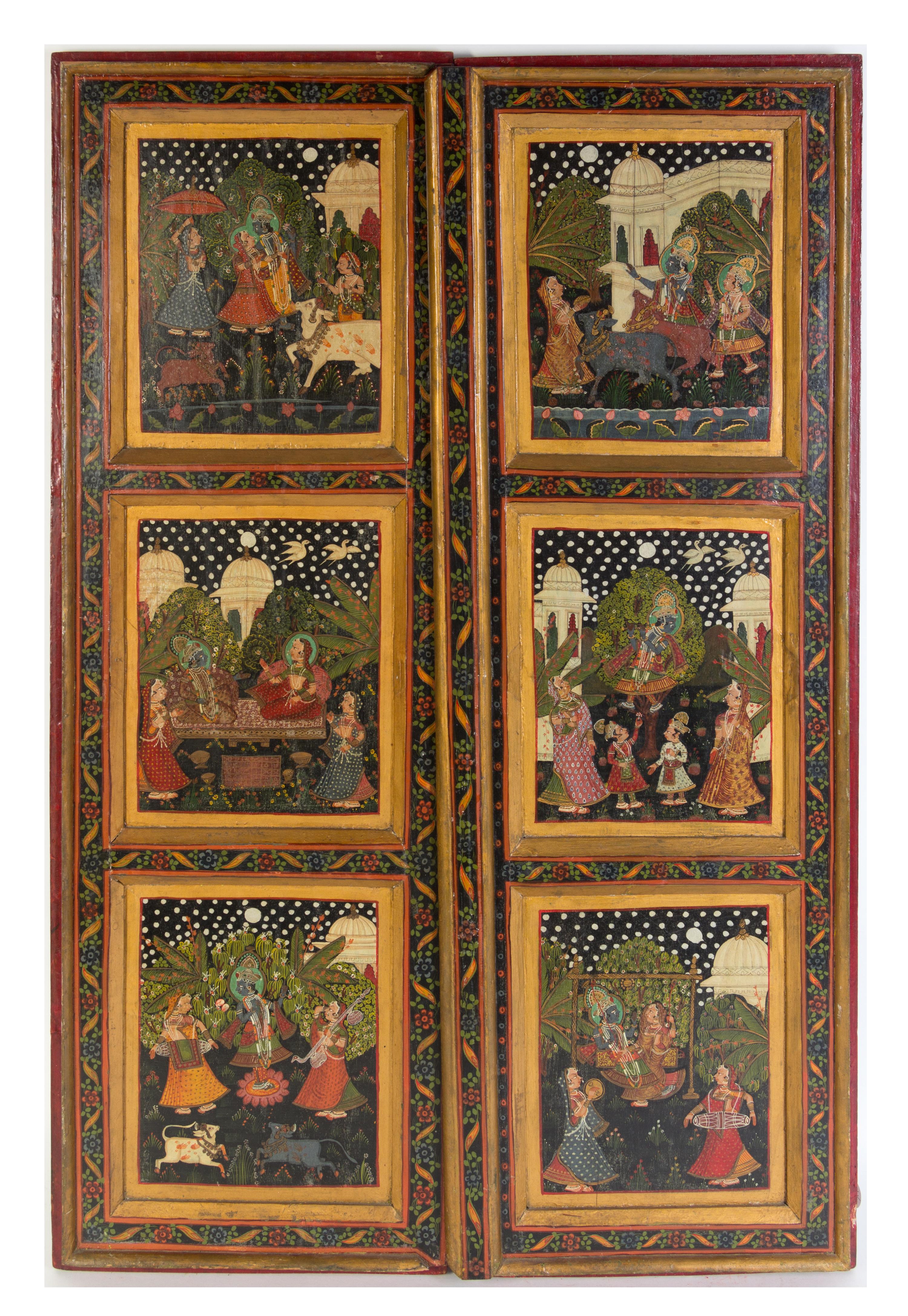 A Pair of Indian Painted Doors Height 41 1/2 x width 13 1/2 inches. — LATE 19TH/EARLY 20TH CENTURY