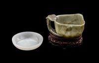 A Chinese Greyish Celadon Jade Water Coupe And A White Jade Cover