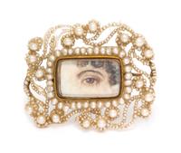 A Georgian Rose Gold, Seed Pearl and Mother-of-Pearl Lover's Eye Brooch, 4.55 dwts.