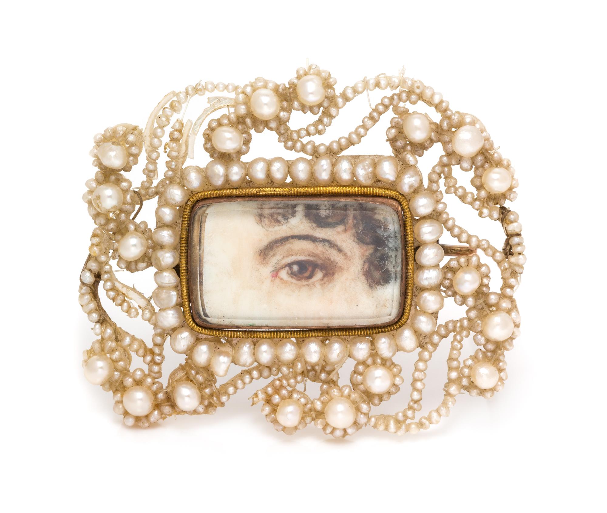 A Georgian Rose Gold, Seed Pearl and Mother-of-Pearl Lover's Eye Brooch, 4.55 dwts.
