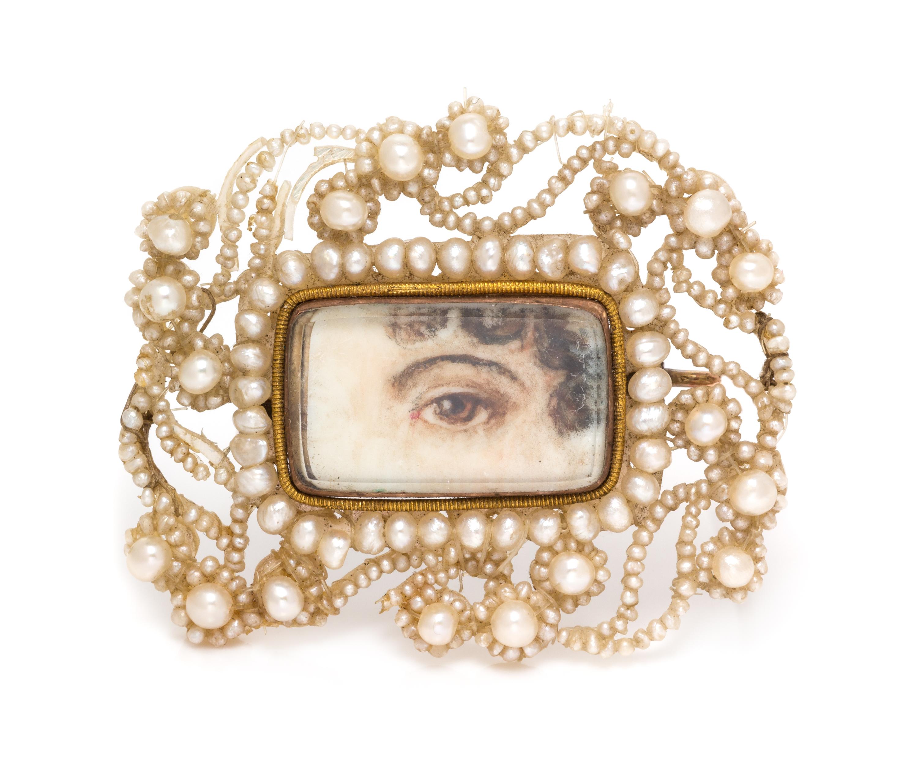 A Georgian Rose Gold, Seed Pearl and Mother-of-Pearl Lover's Eye Brooch, 4.55 dwts.